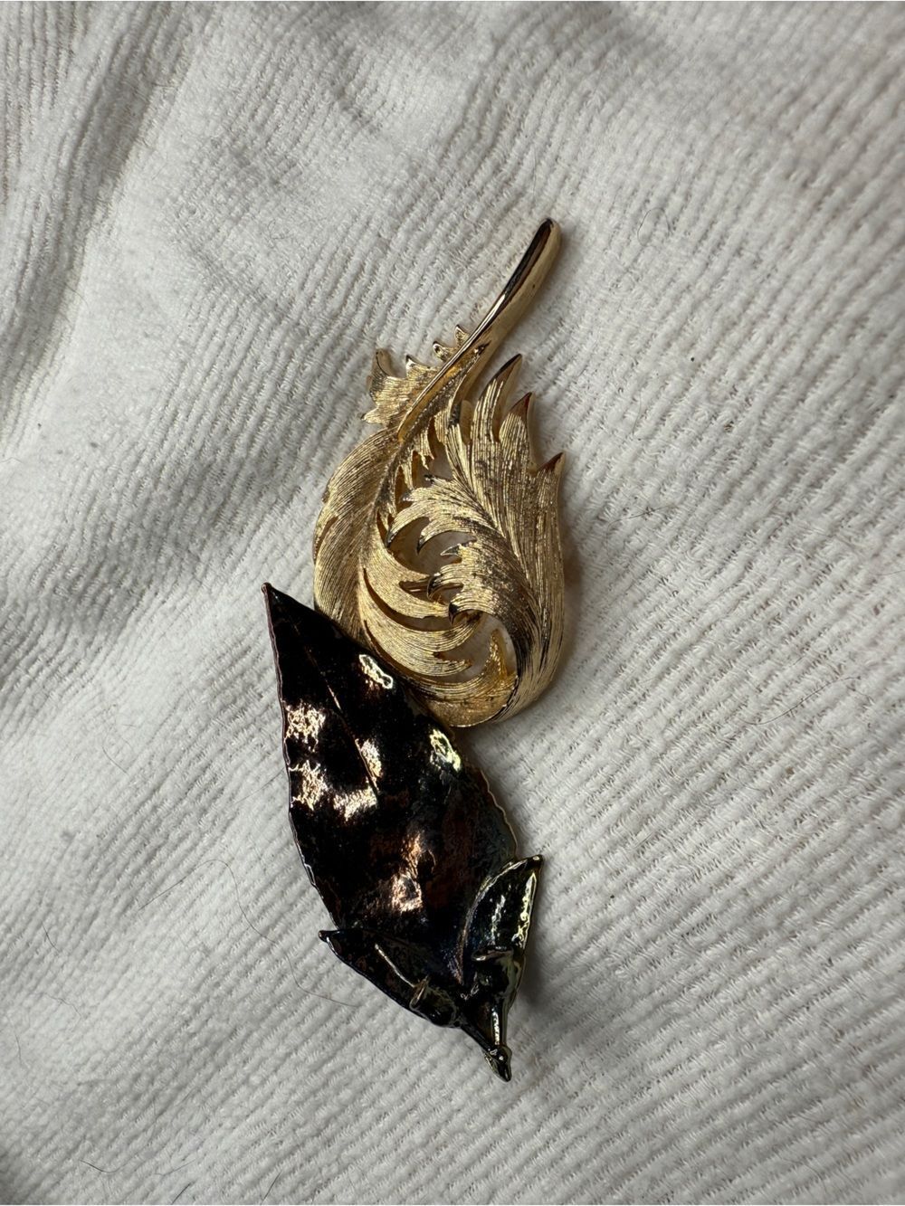 Vintage Two Brooch Lot Goldtone Abstract and Antique Metal Bronze Leaf